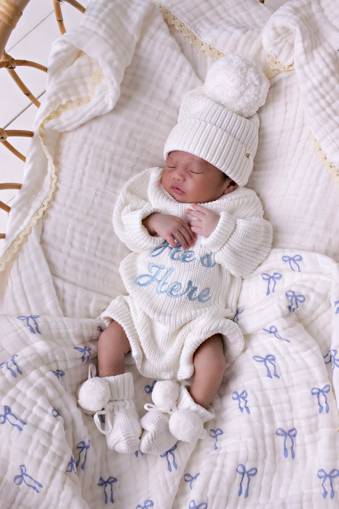 "He's Here" Chunky Knit Romper Snow NEWBORN