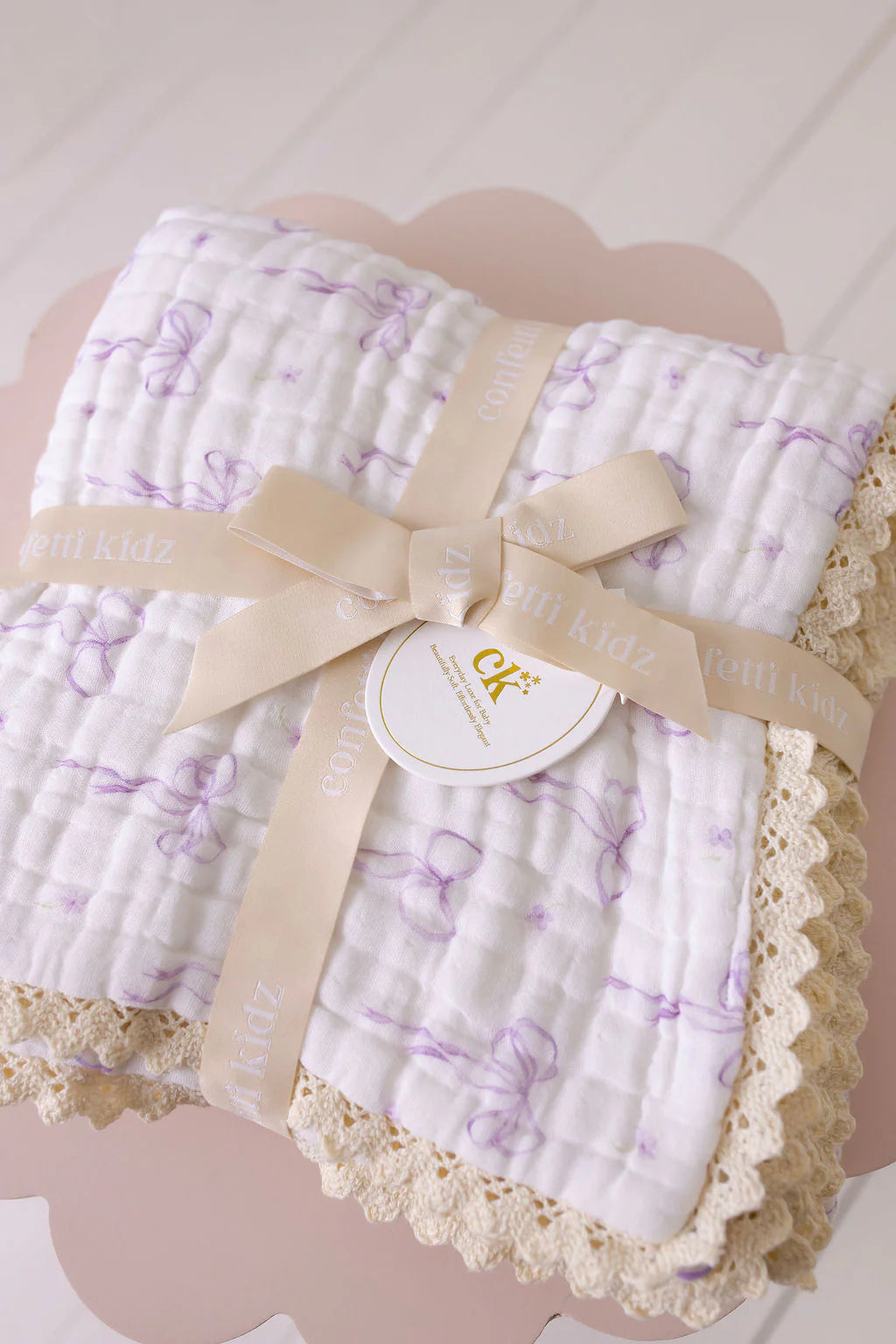 Muslin Blanket with Lace Trim - Lilac Bows