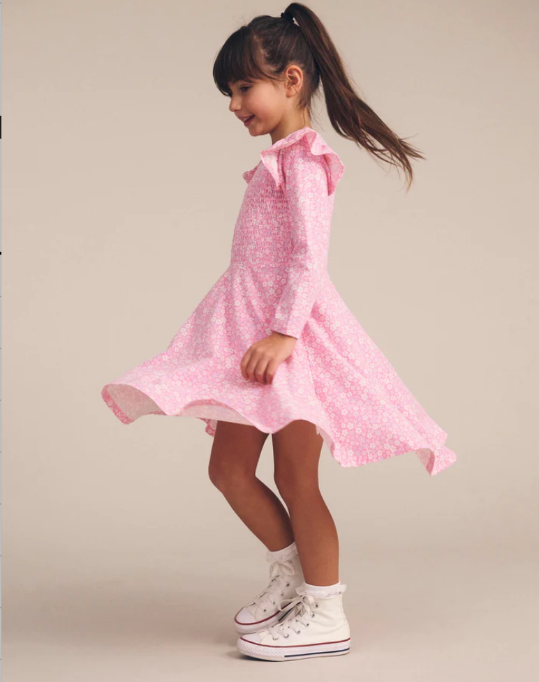 Ditsy Floral Shirred Long Sleeve Dress