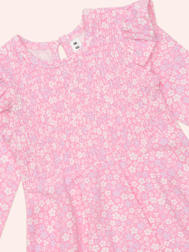 Ditsy Floral Shirred Long Sleeve Dress