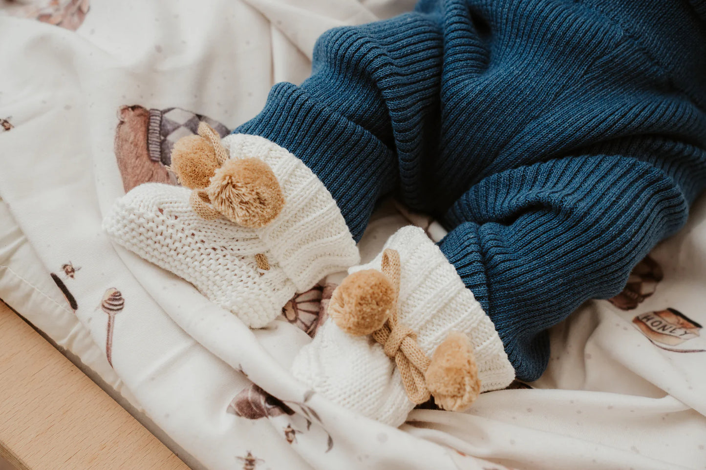 Pom Pom Booties - White + Caramel