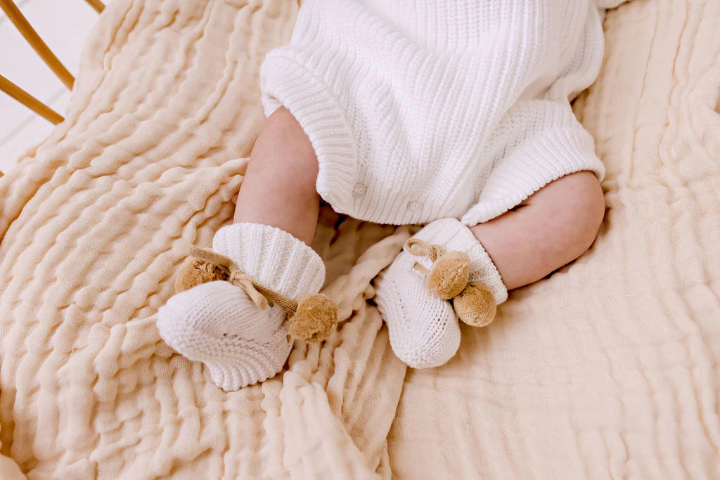 Pom Pom Booties - White + Caramel