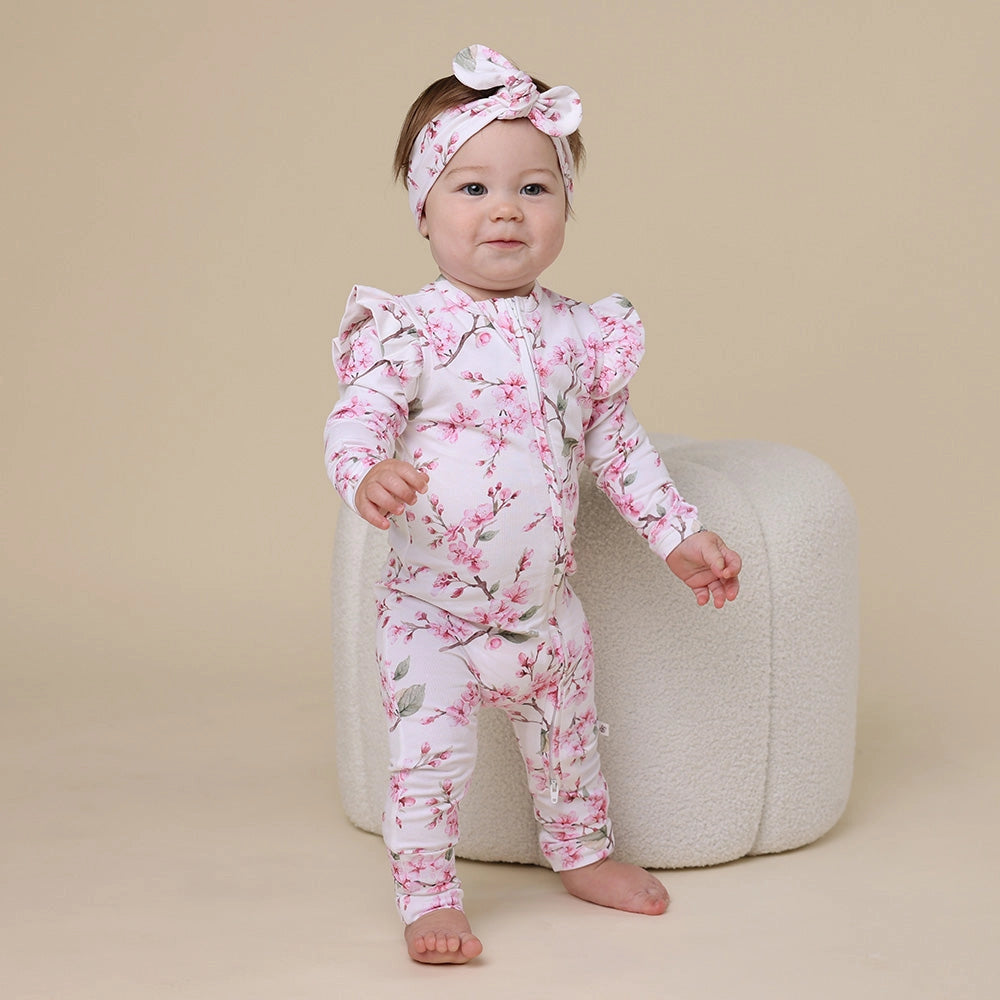 Cherry Blossom Organic Snugglesuit Convertible Romper with Frill