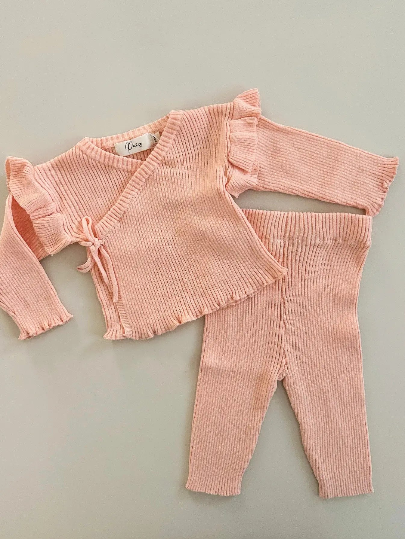 Ribbed Ruffle Kimono Set - Coral