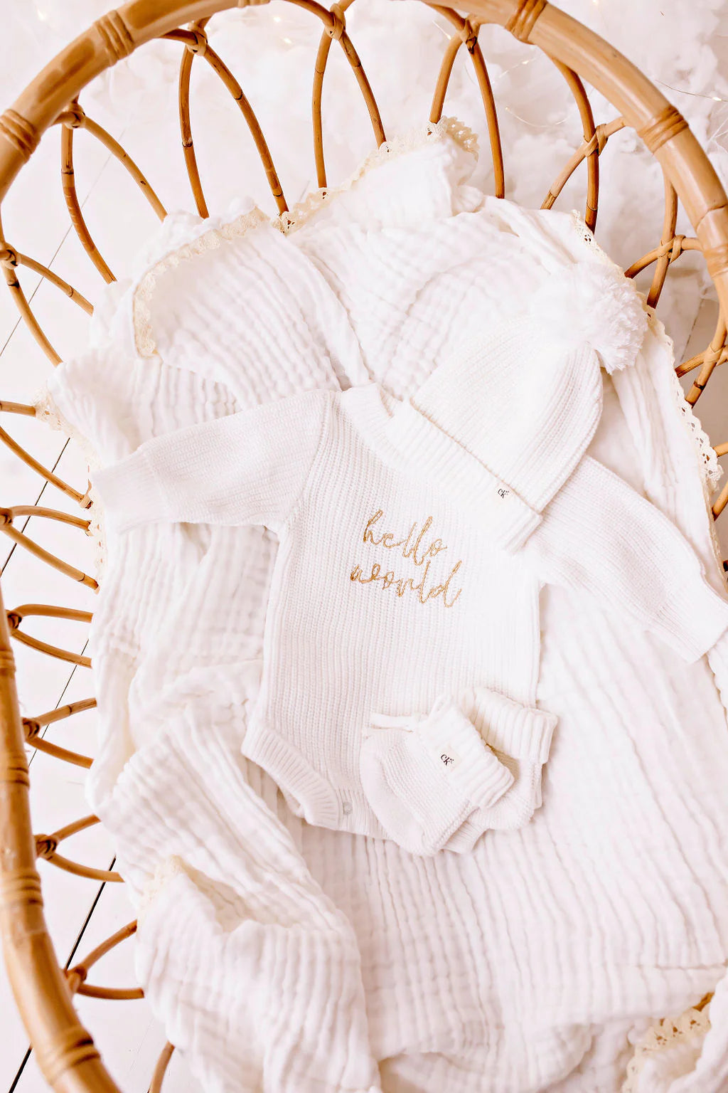 'Hello World' Chunky Knit Romper - Caramel Font