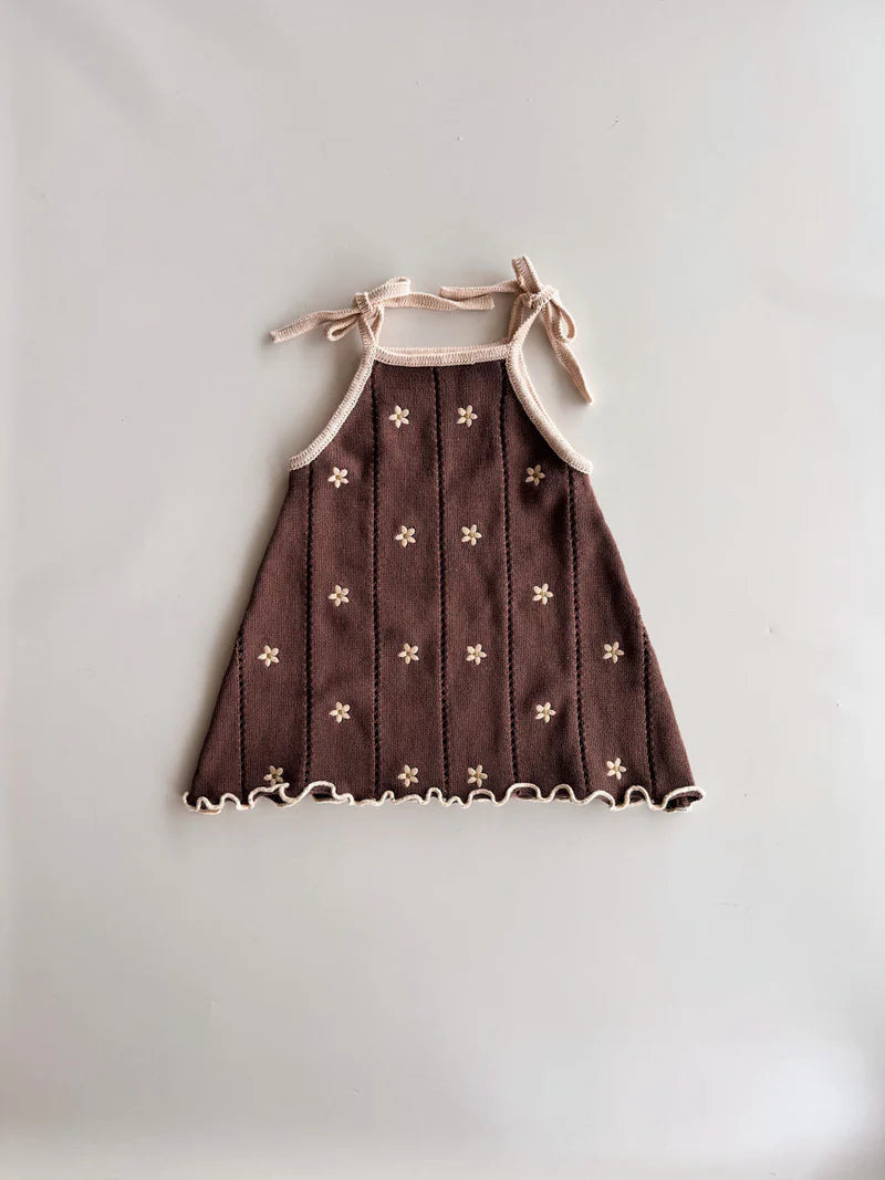 Pointelle Tie Dress | Brown Embroidery Daisy