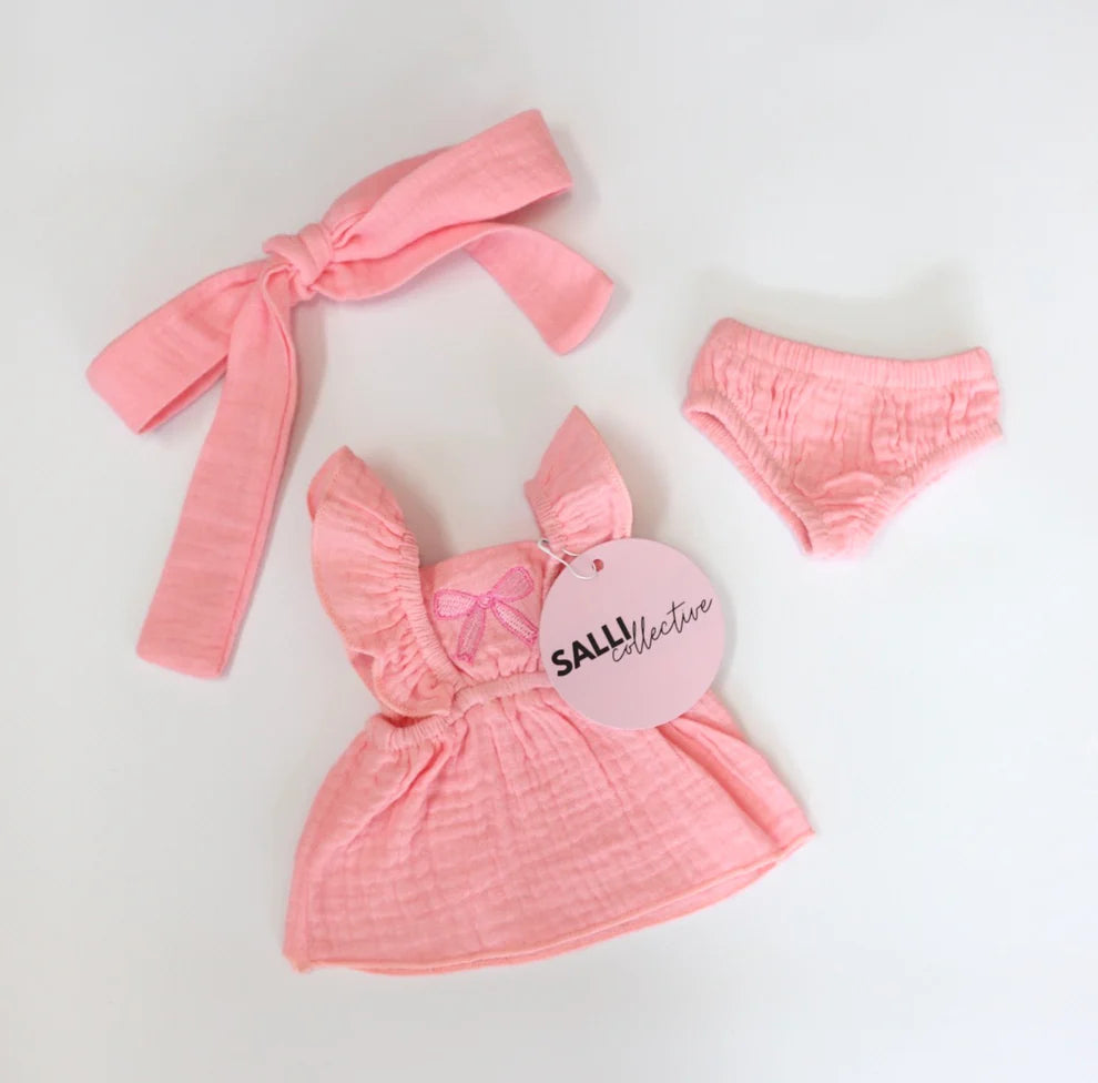 COMING SOON Doll Clothing - Petal Pink Three Piece Set with Bows