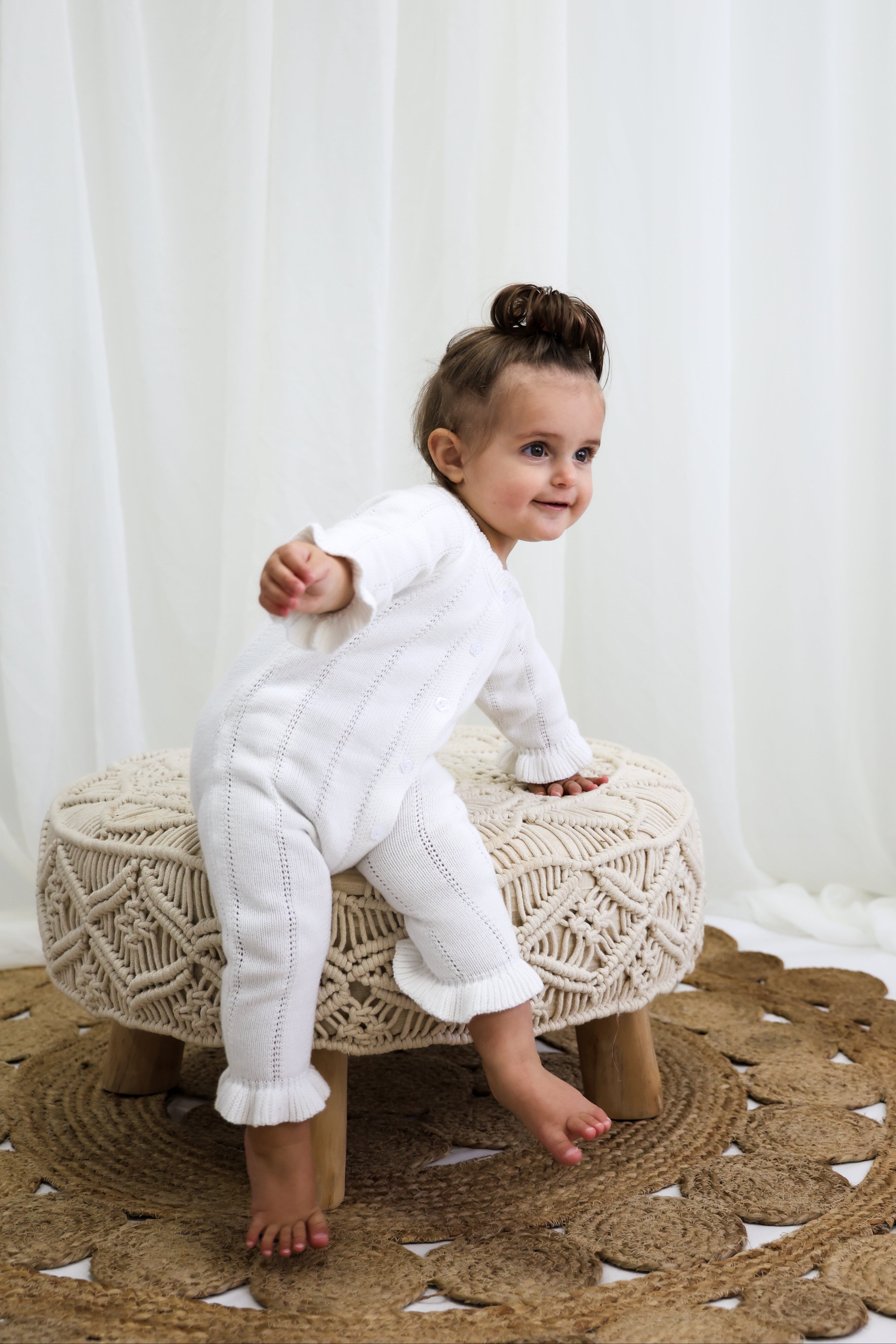 Penelope Frill Organic Knit Romper - Pearl White