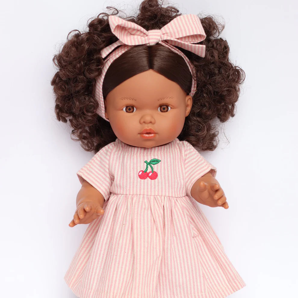 COMING SOON Doll Clothing - Dusty Pink Pinstripe Cherry Gingham Dress + Bow
