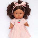 Doll Clothing - Dusty Pink Pinstripe Cherry Gingham Dress + Bow