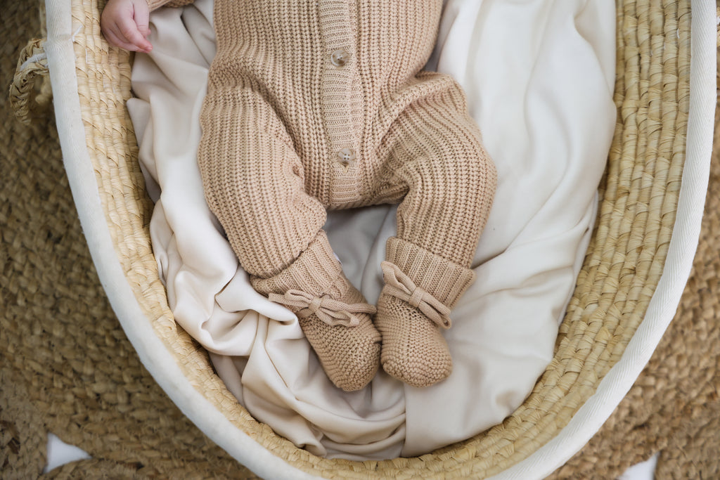 Organic Knitted Booties - Biscuit