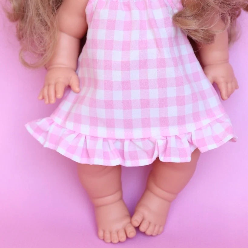 COMING SOON Doll Clothing - Pink Gingham Sleeveless Summer Ruffle Dress + Bow