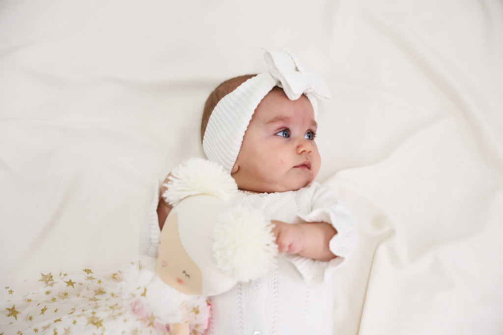 Organic Knitted Headband Bow - Pearl White