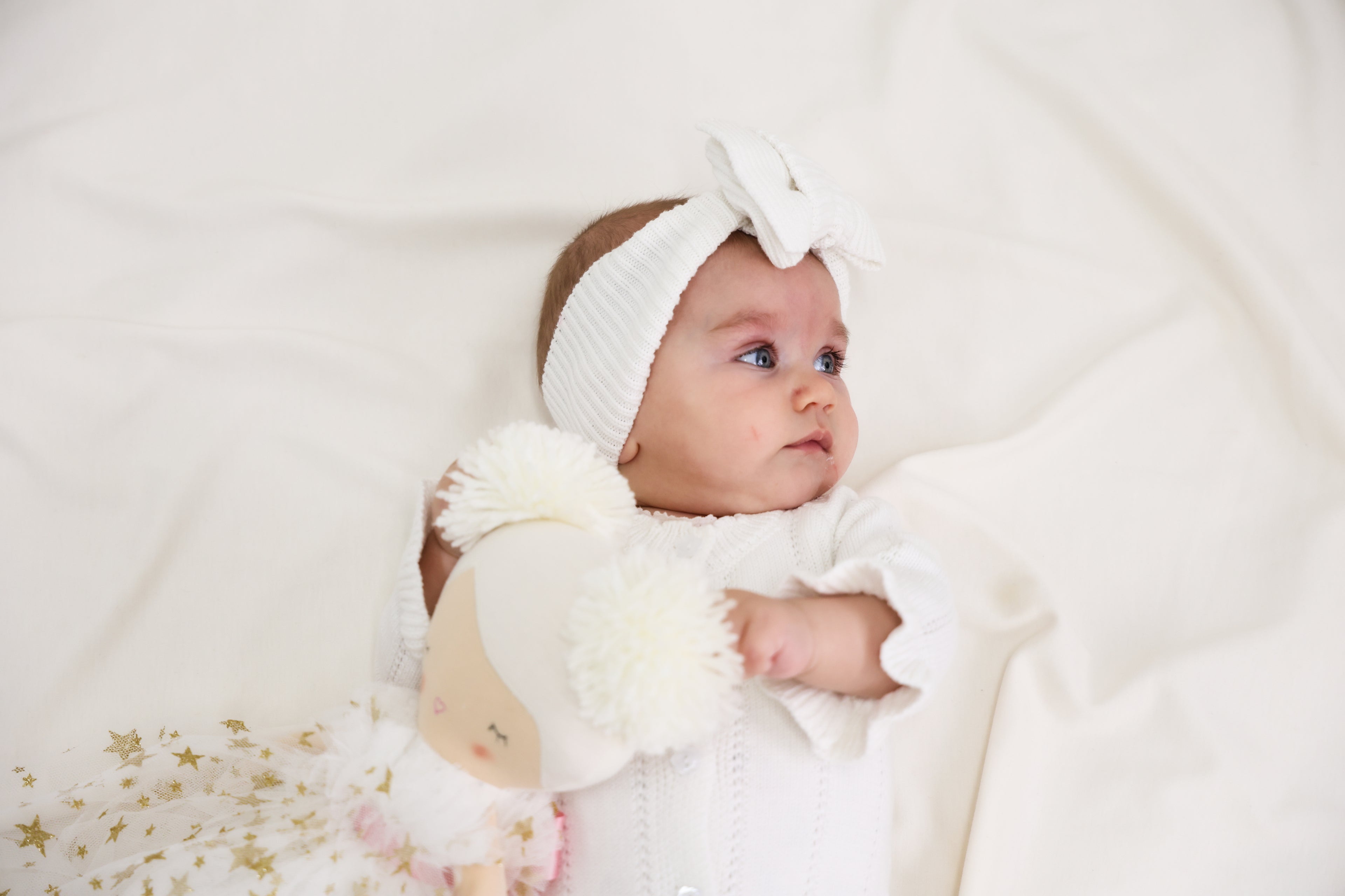 Organic Knitted Headband Bow - Pearl White