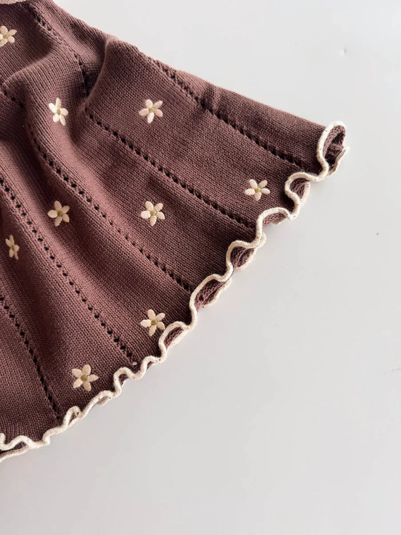 Pointelle Tie Dress | Brown Embroidery Daisy
