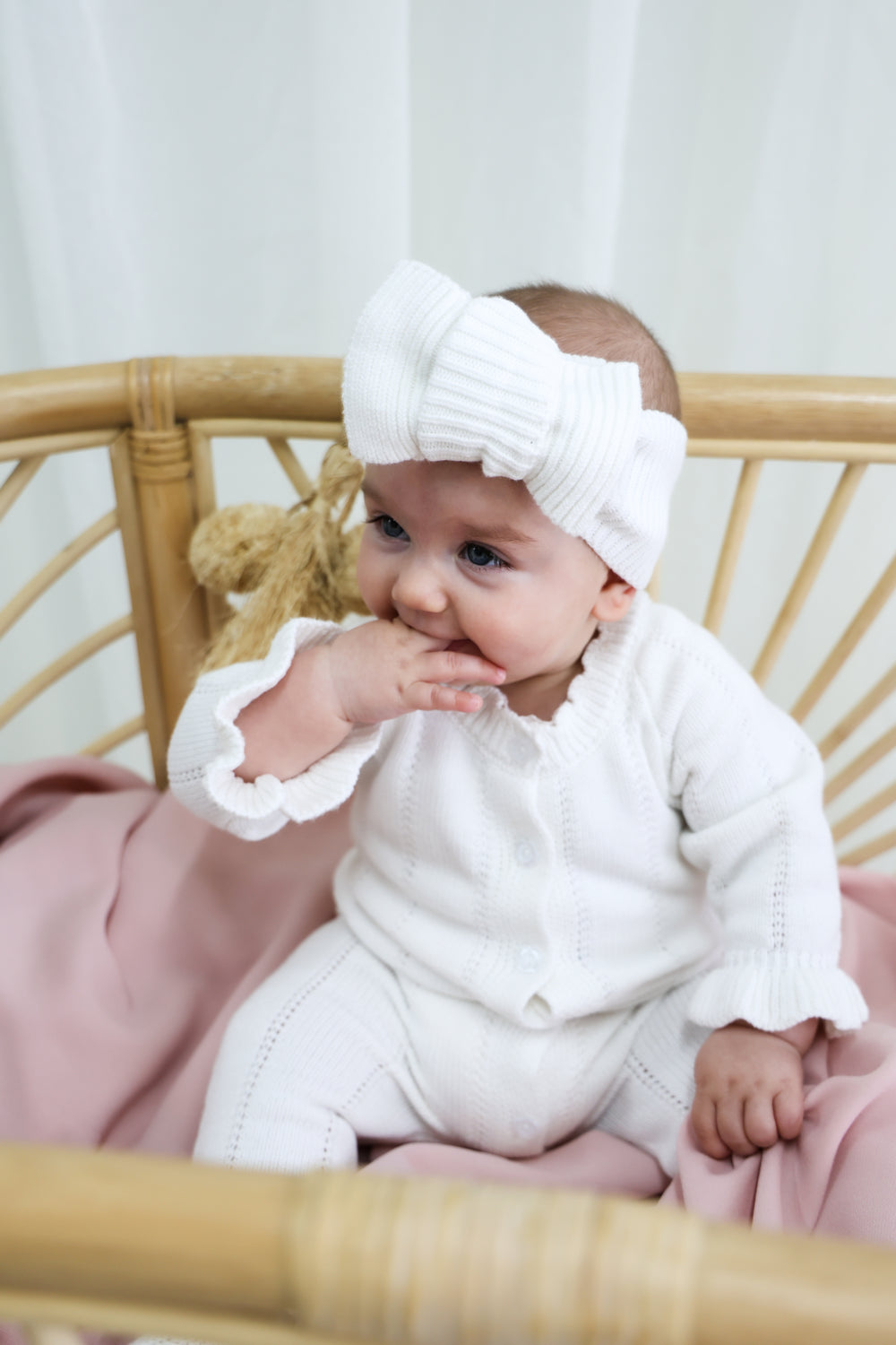 Organic Knitted Headband Bow - Pearl White