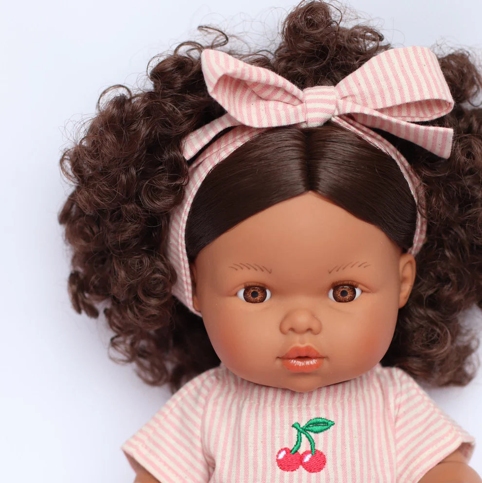 COMING SOON Doll Clothing - Dusty Pink Pinstripe Cherry Gingham Dress + Bow
