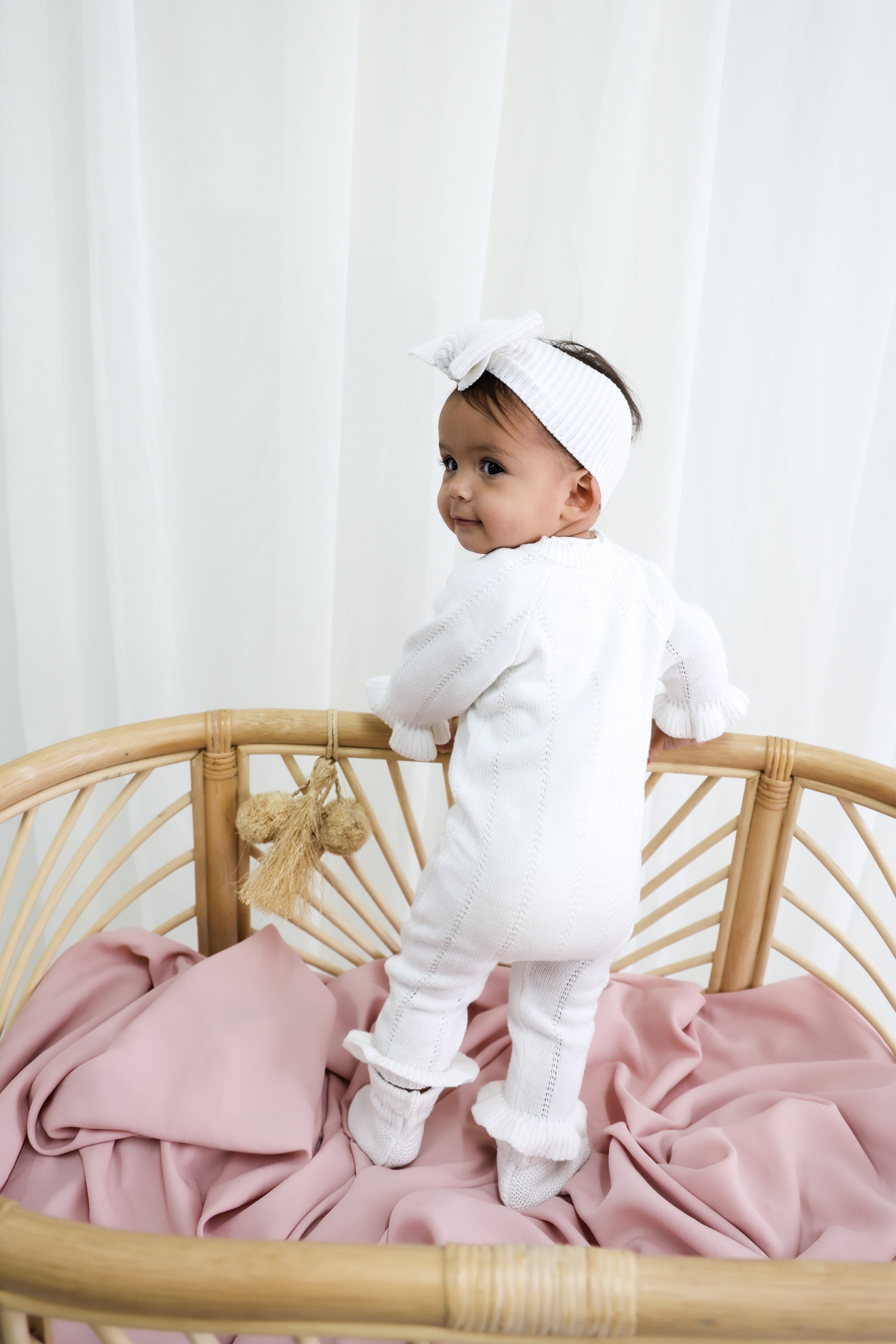 Penelope Frill Organic Knit Romper - Pearl White