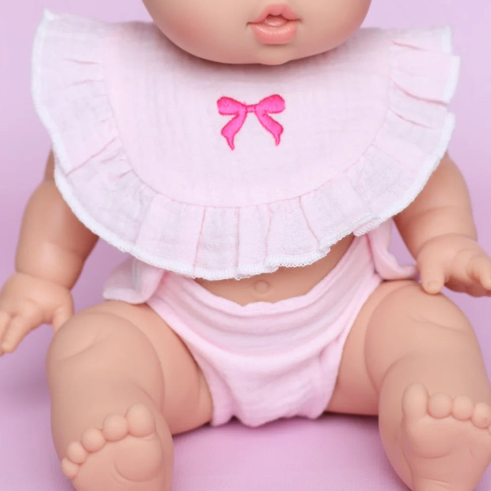 COMING SOON Pink Bow Frilled Bib & Diaper Doll Set