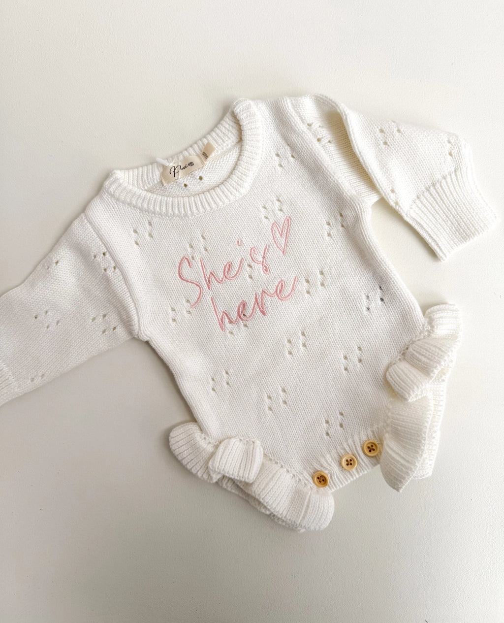 She's Here Heart - Pointelle Romper | Milk