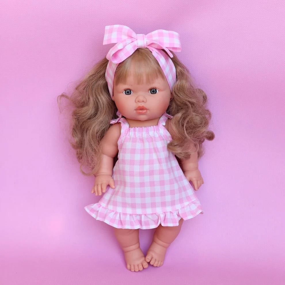 COMING SOON Doll Clothing - Pink Gingham Sleeveless Summer Ruffle Dress + Bow