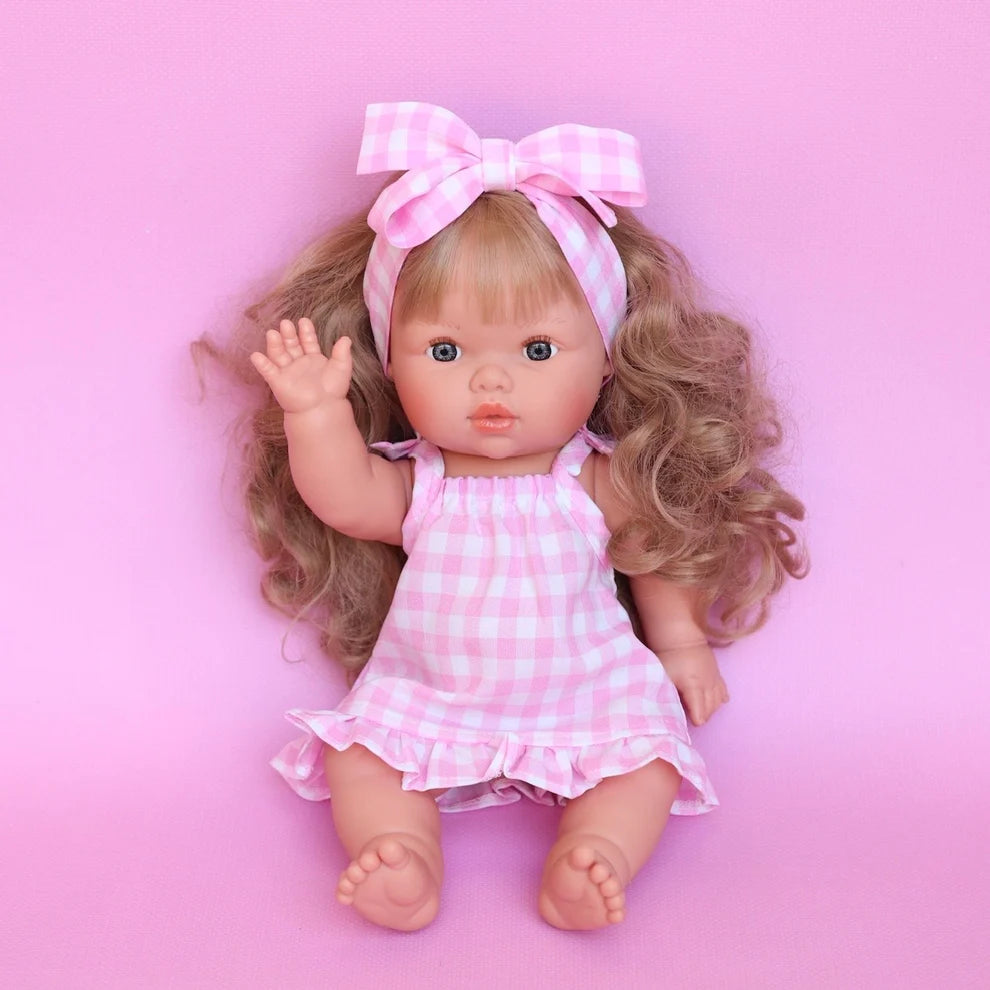 COMING SOON Doll Clothing - Pink Gingham Sleeveless Summer Ruffle Dress + Bow
