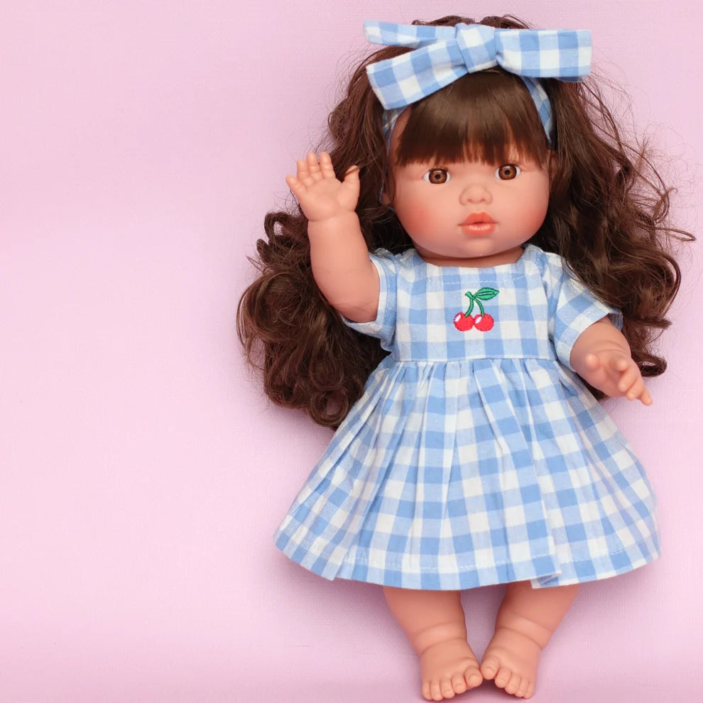 COMING SOON Doll Clothing - Sky Blue Cherry Gingham Chloe Dress + Bow