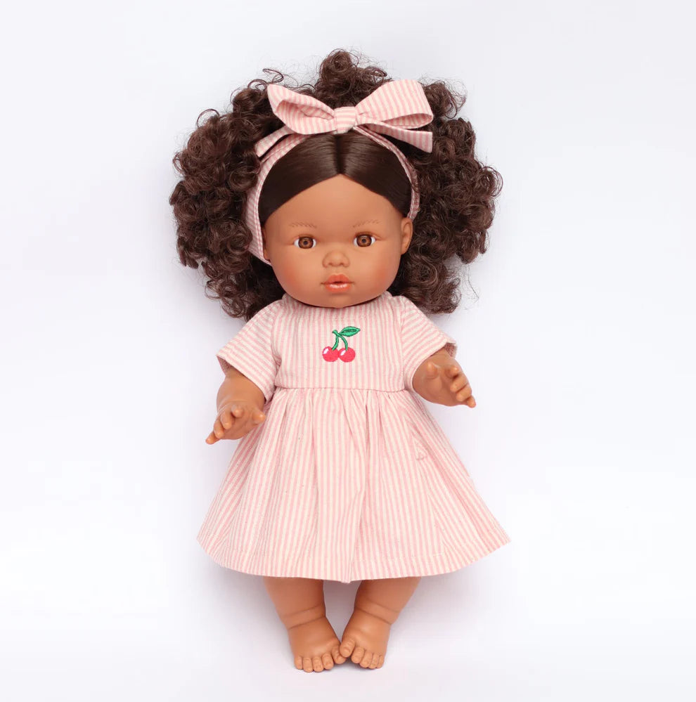 COMING SOON Doll Clothing - Dusty Pink Pinstripe Cherry Gingham Dress + Bow