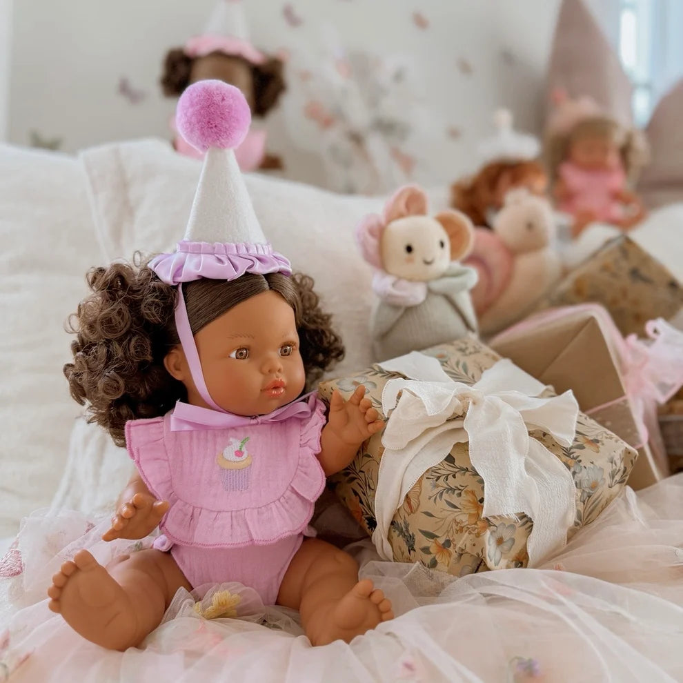 Lilac Birthday Cupcake Bib & Diaper Doll Set