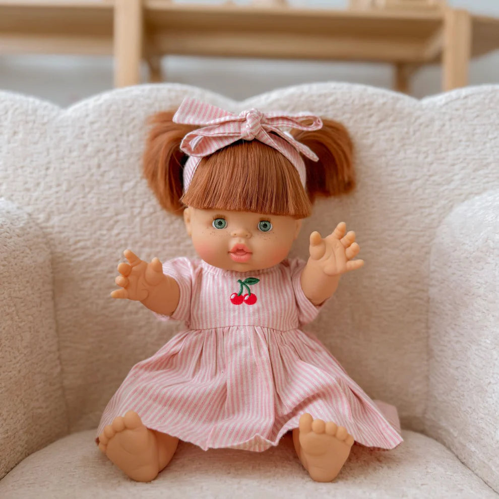 COMING SOON Doll Clothing - Dusty Pink Pinstripe Cherry Gingham Dress + Bow