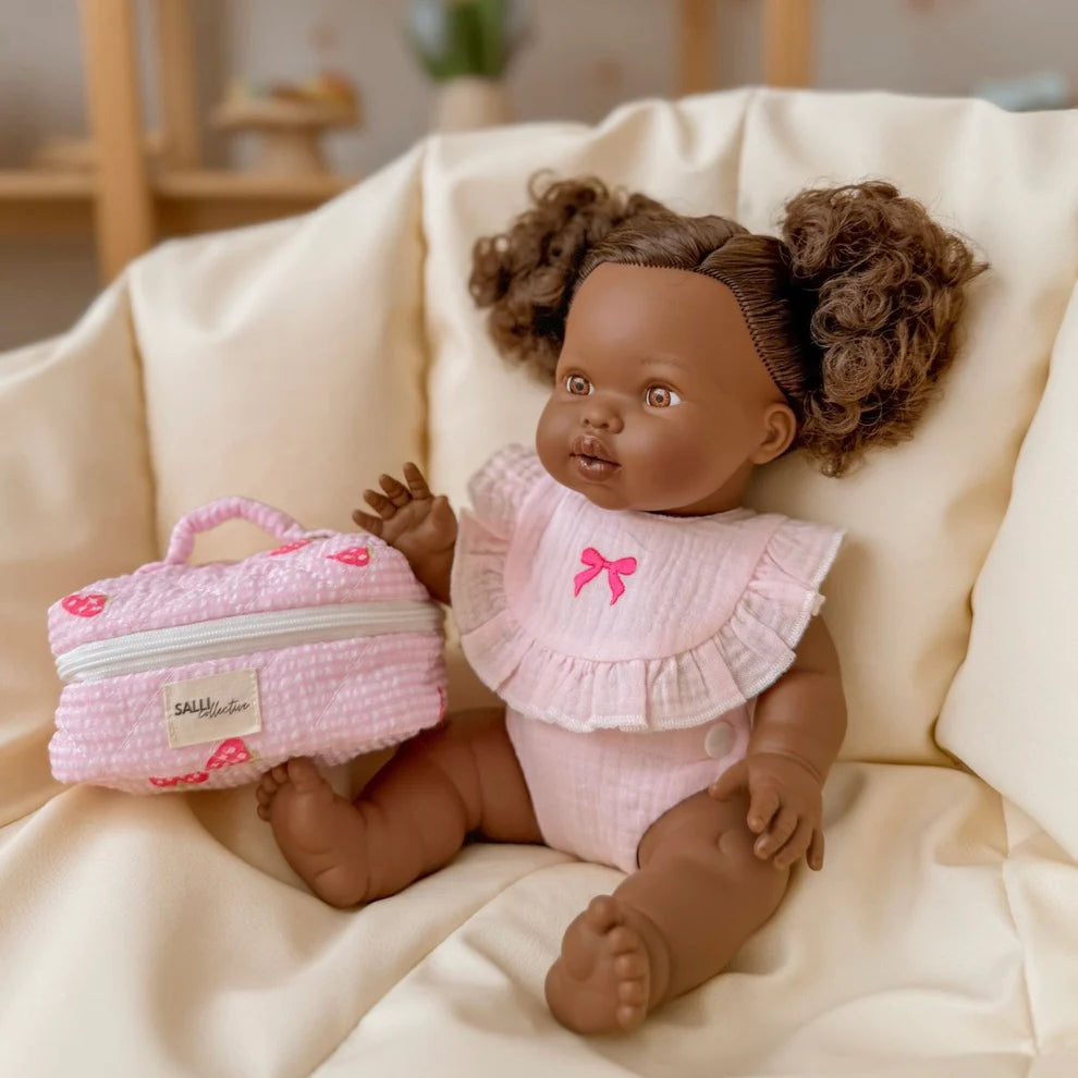 COMING SOON Pink Bow Frilled Bib & Diaper Doll Set