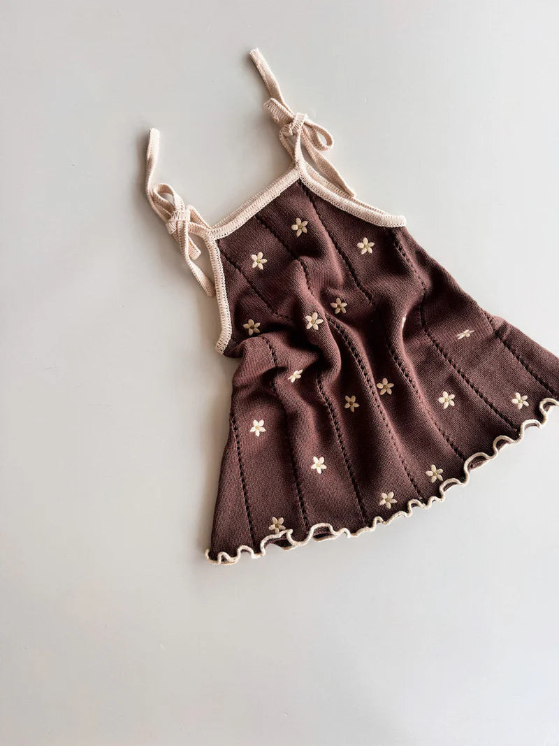 Pointelle Tie Dress | Brown Embroidery Daisy