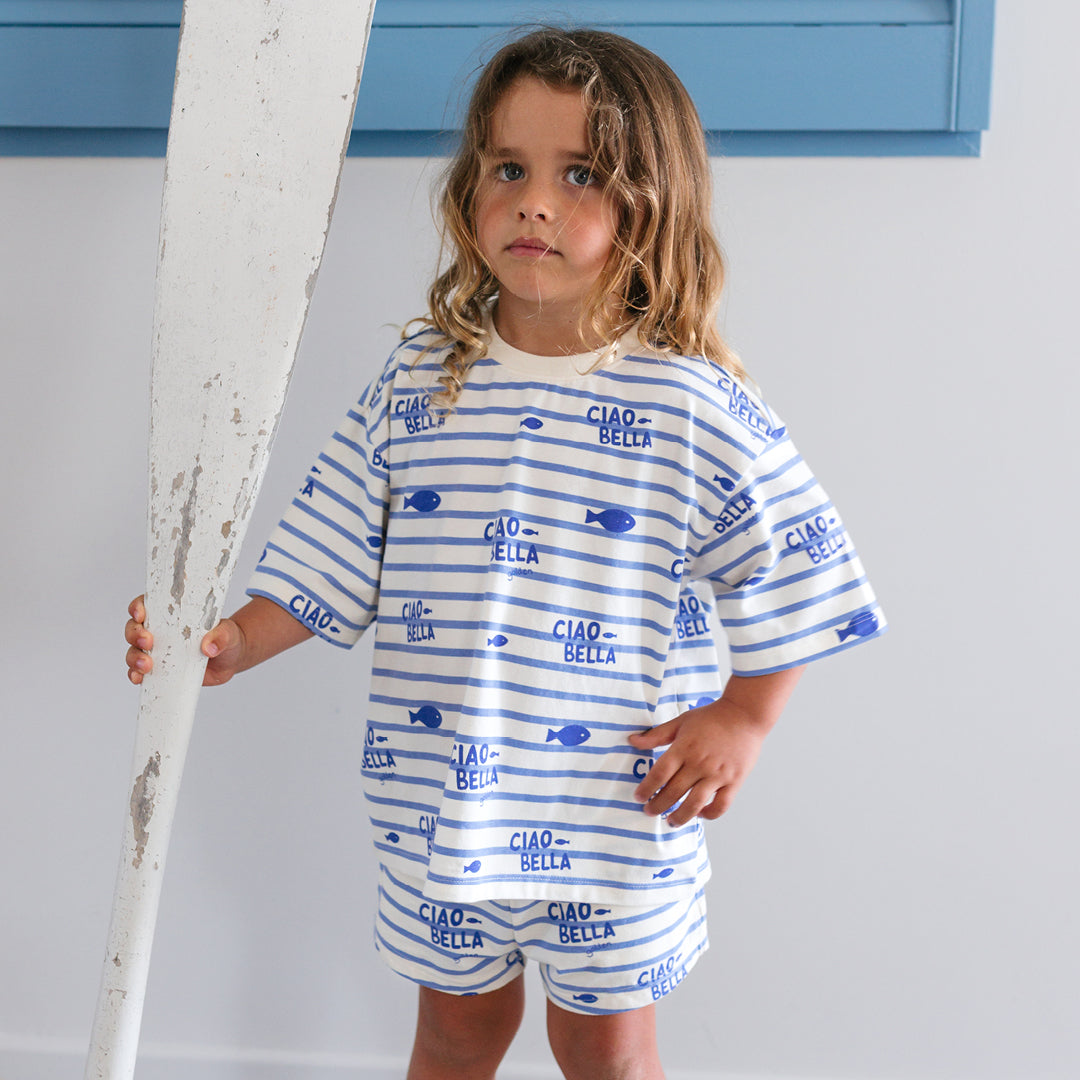 COMING SOON Ciao Bella Pesci Mid Sleeve Tee Buttercream Stripe