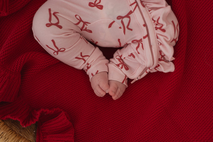 Frill Zip Romper - Red Bows