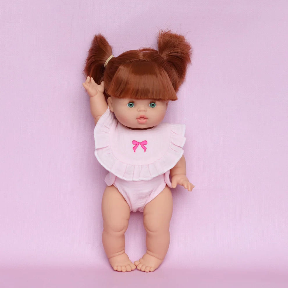 COMING SOON Pink Bow Frilled Bib & Diaper Doll Set