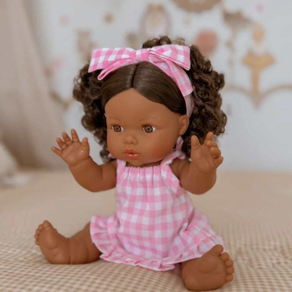 COMING SOON Doll Clothing - Pink Gingham Sleeveless Summer Ruffle Dress + Bow