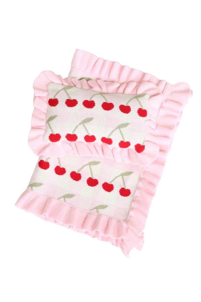 Frilled Gingham Cherry Blanket + Pillow set