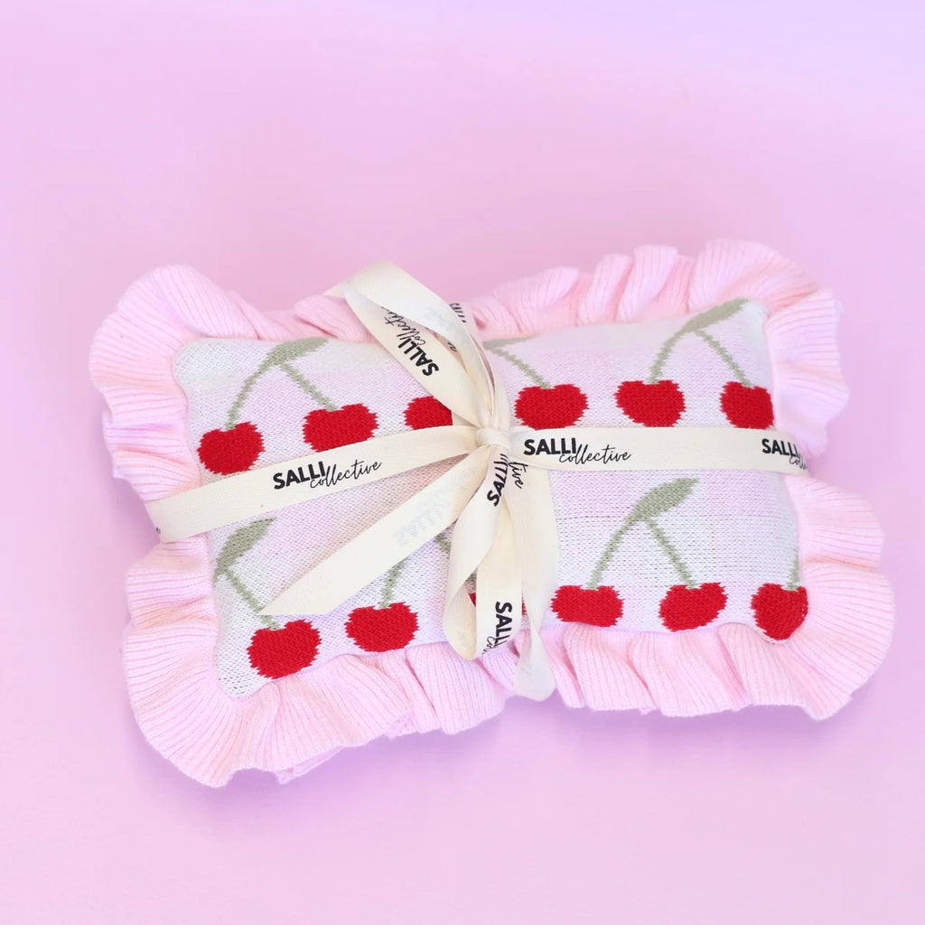 Frilled Gingham Cherry Blanket + Pillow set