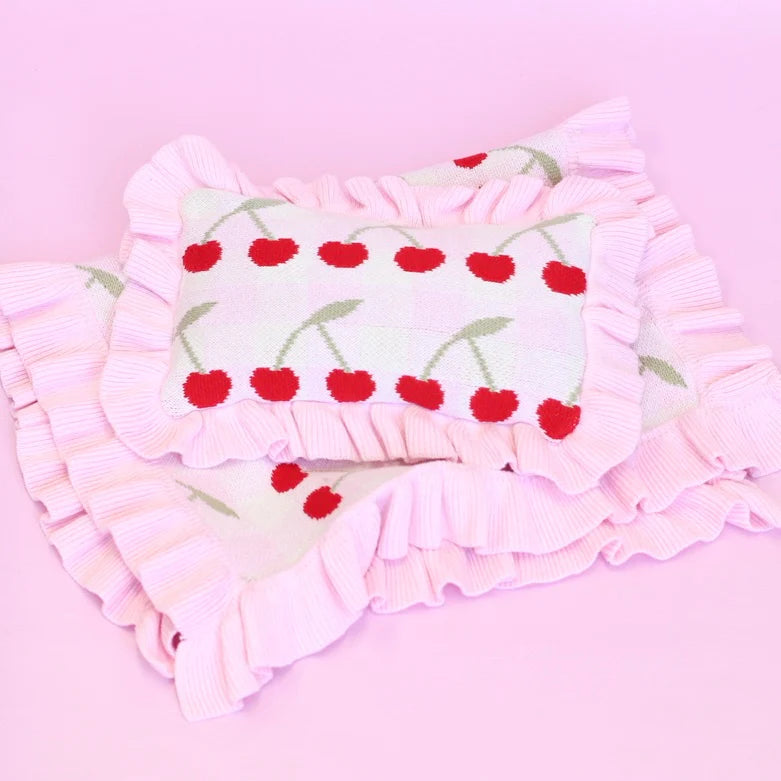 Frilled Gingham Cherry Blanket + Pillow set