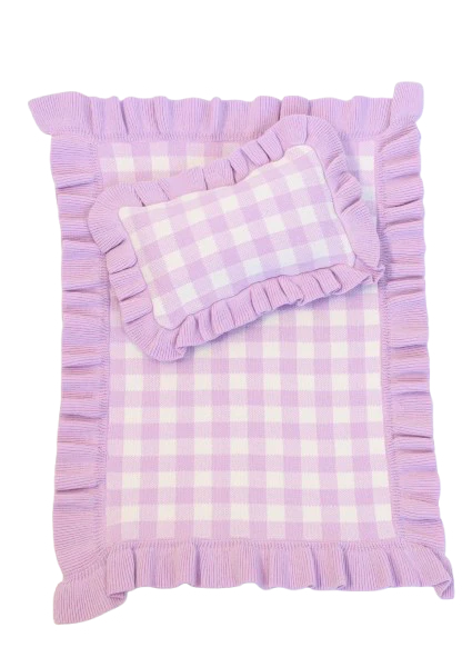 Frilled Purple Gingham doll Blanket + Pillow set
