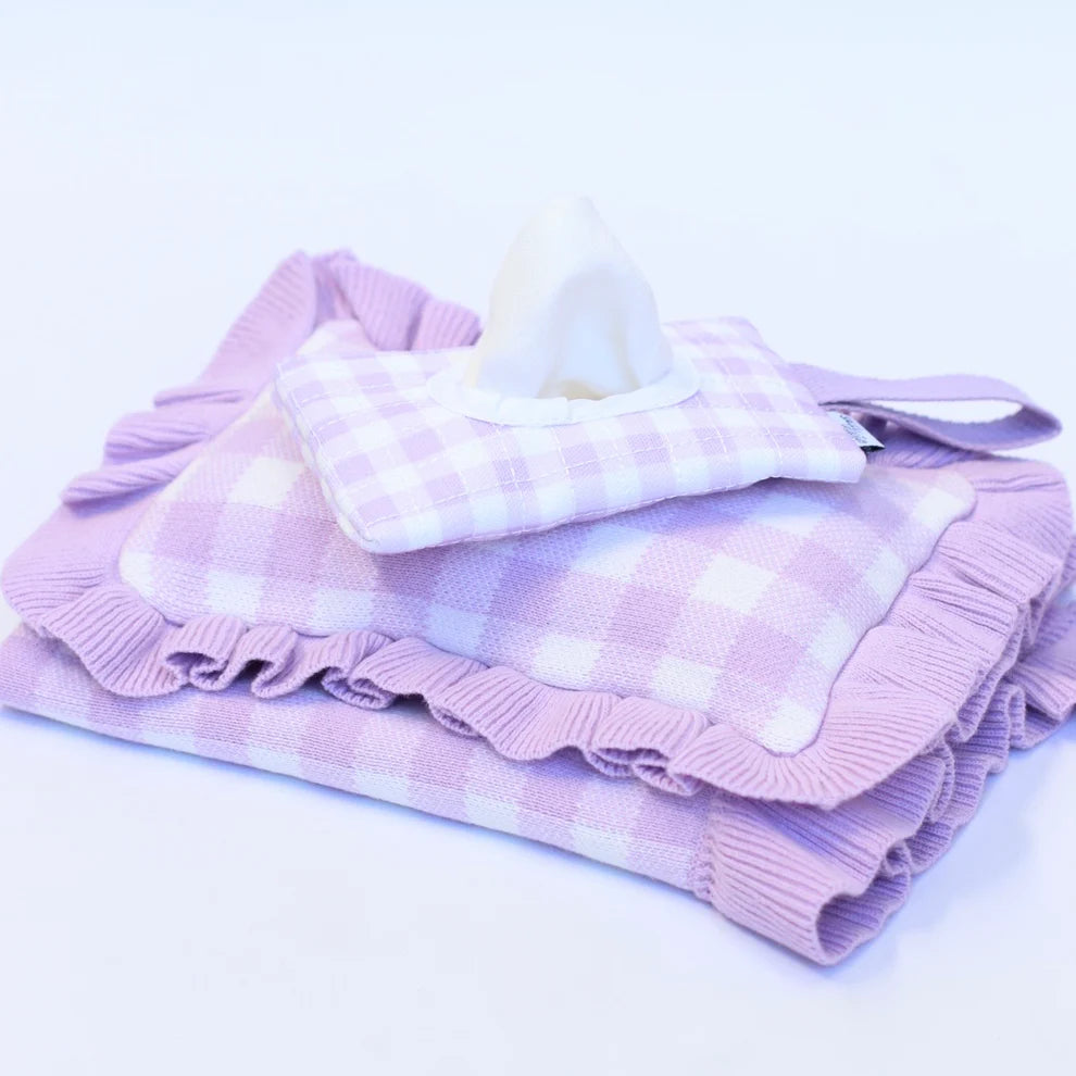 Frilled Purple Gingham doll Blanket + Pillow set