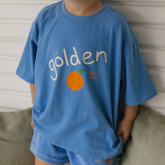 Golden Logo Mid Sleeve Tee Pool Blue