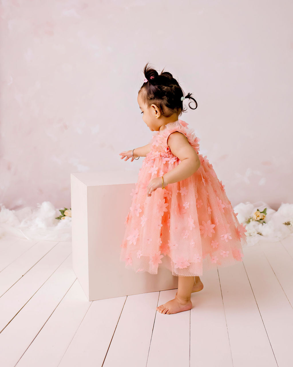 Floral Tulle Party Dress - Peach