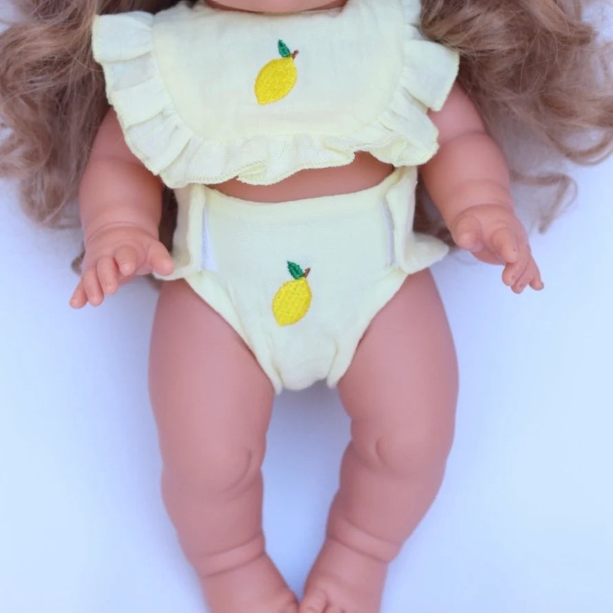 🍋 Lemon Frilled Bib & Diaper Doll Set