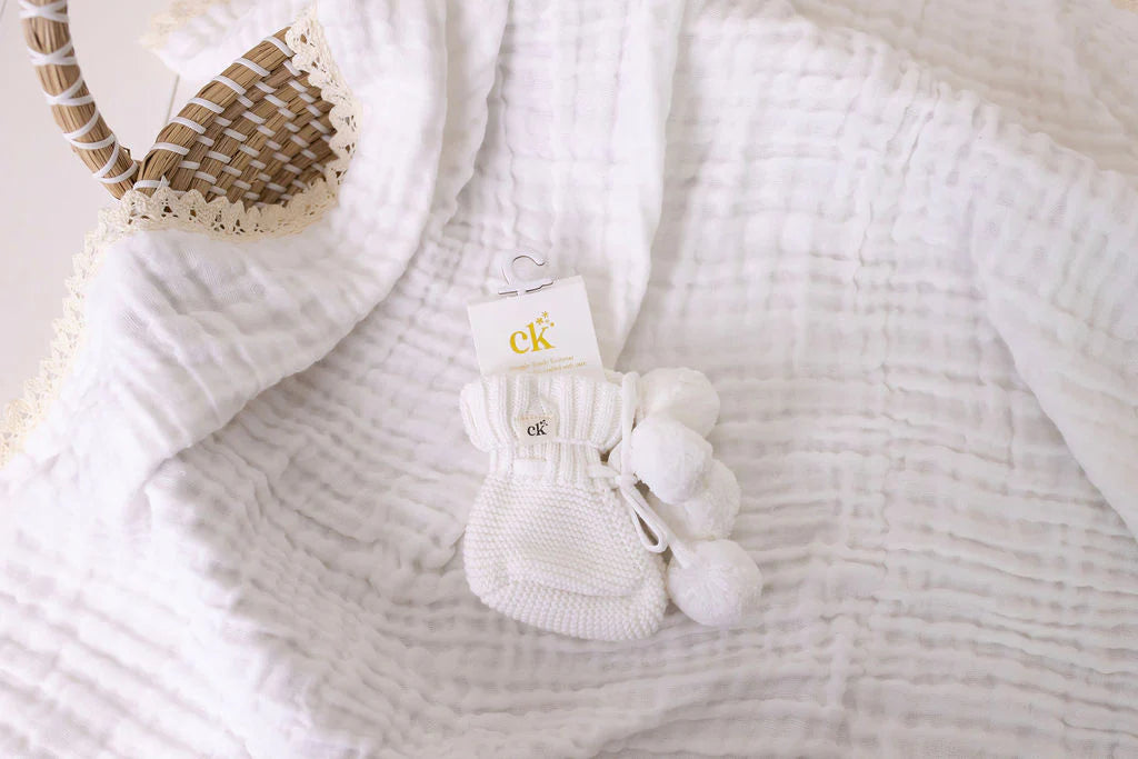 Knitted Booties White Poms