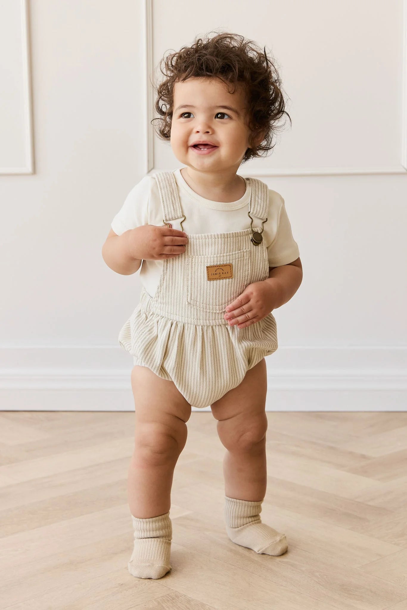 Pax Playsuit - Fine Vertical Stripe Sandy Brown/Cloud