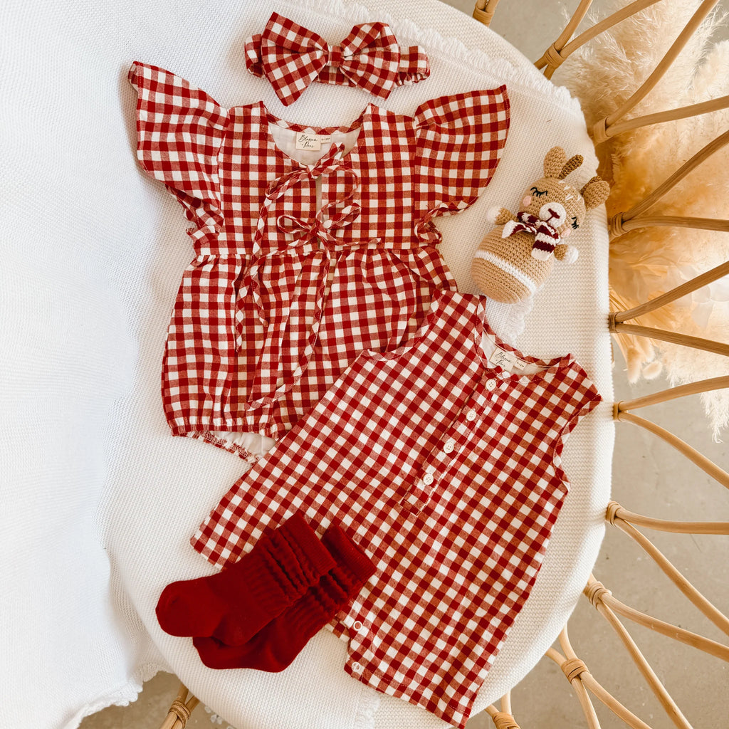 Red Gingham Flutter Sleeve Romper
