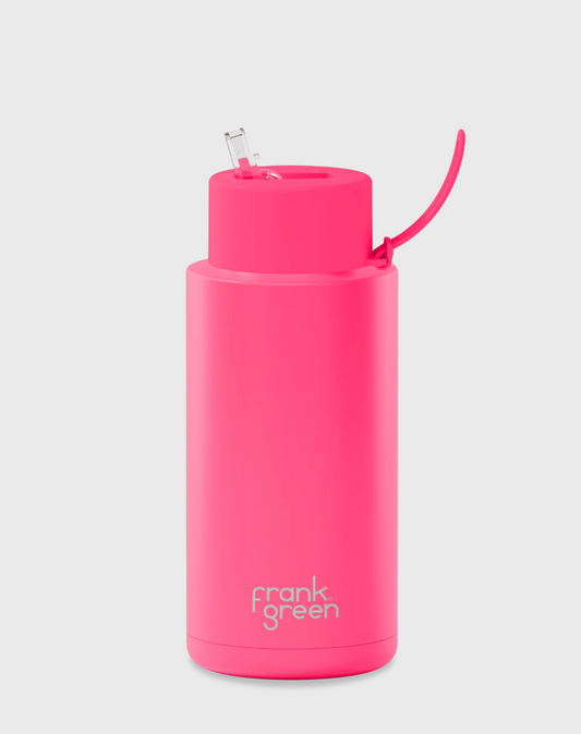 34oz SS Ceramic Reusable Bottle Neon Pink with Straw Lid