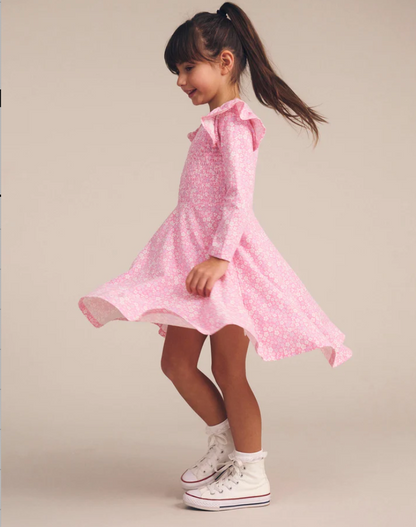 Ditsy Floral Shirred Long Sleeve Dress