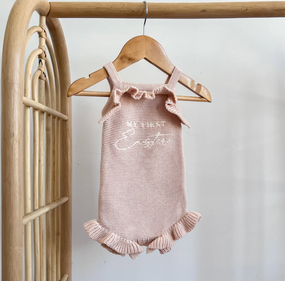 COMING SOON 'My First Easter' Singlet Knit Frill Romper - Pink Lemonade